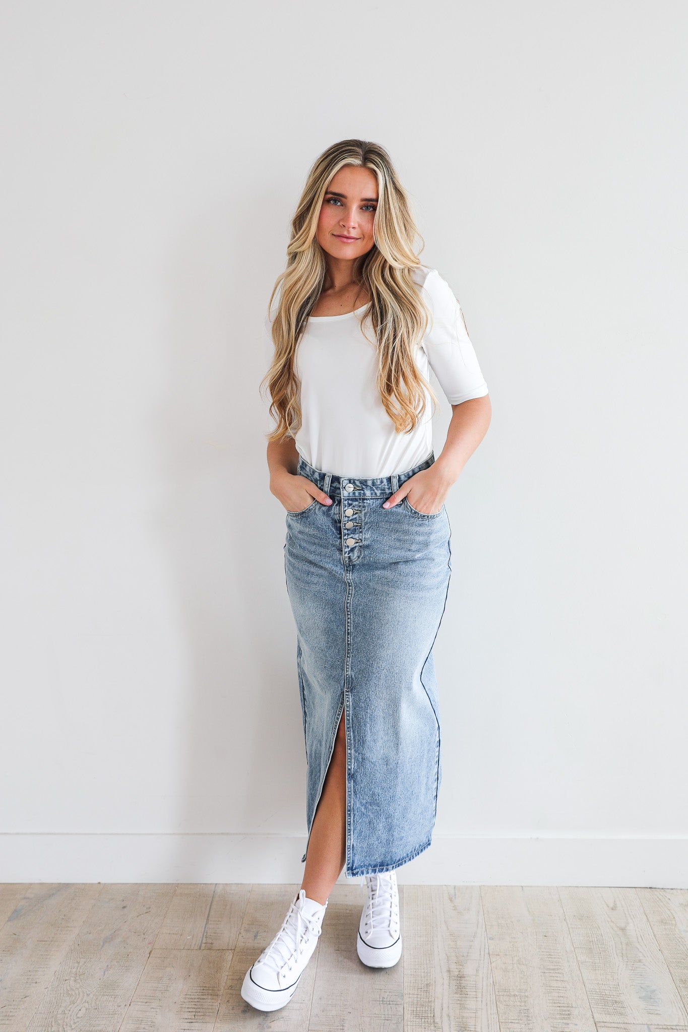 MAXI DENIM SKIRT IN MEDIUM WASH FINAL SALE