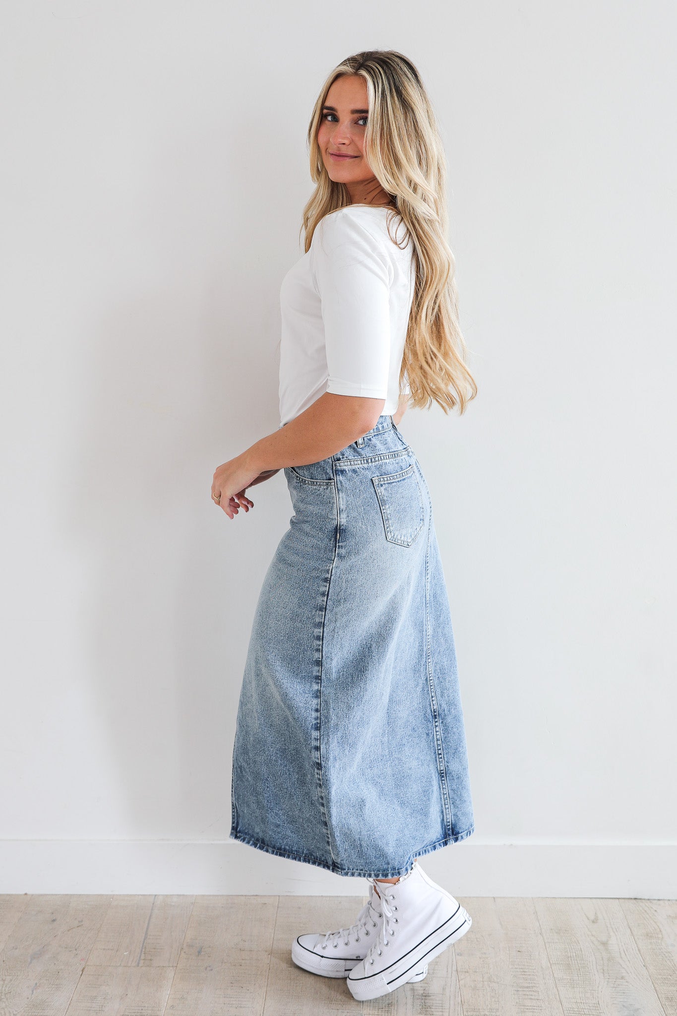 MAXI DENIM SKIRT IN MEDIUM WASH FINAL SALE