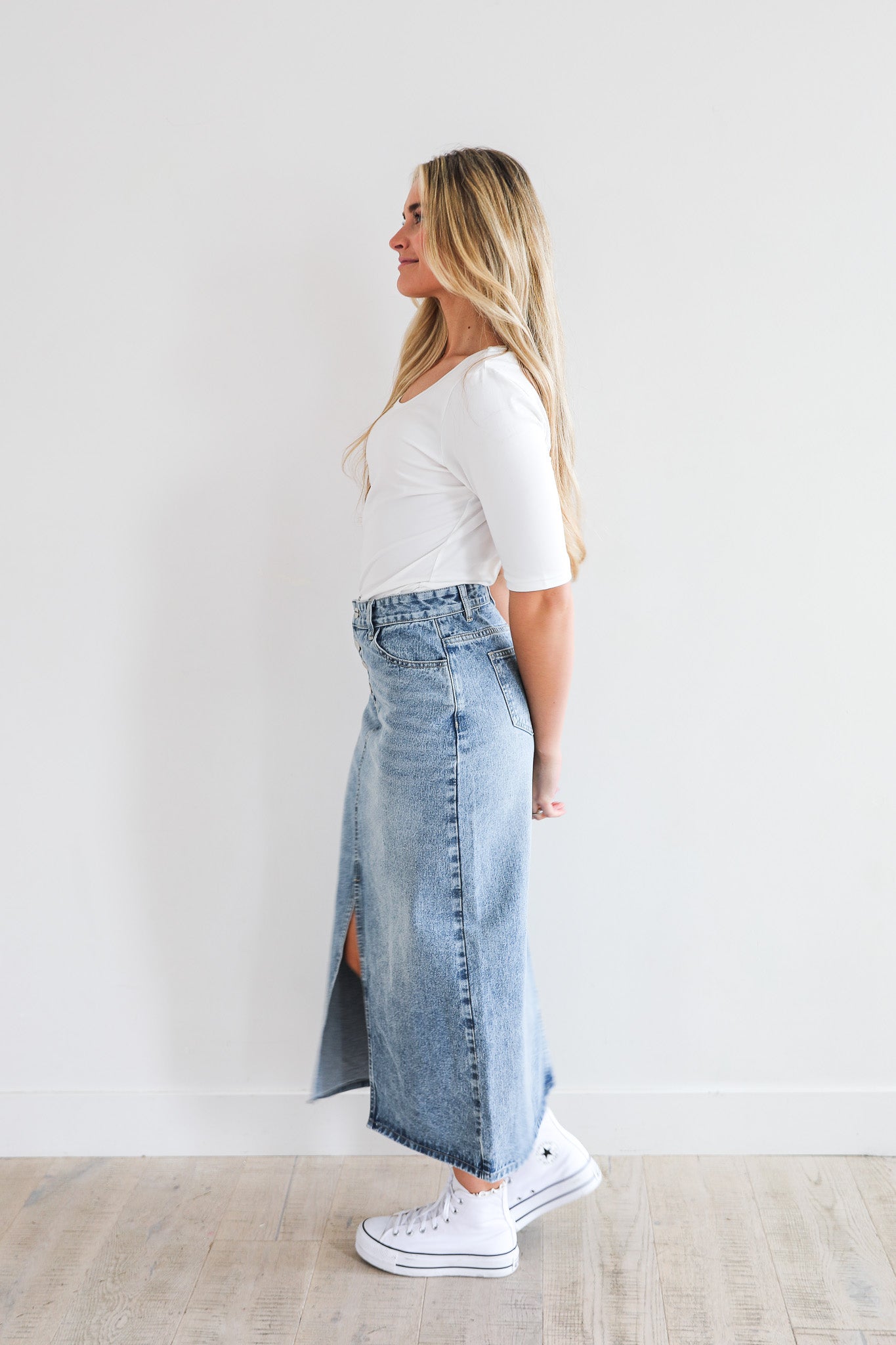 MAXI DENIM SKIRT IN MEDIUM WASH FINAL SALE