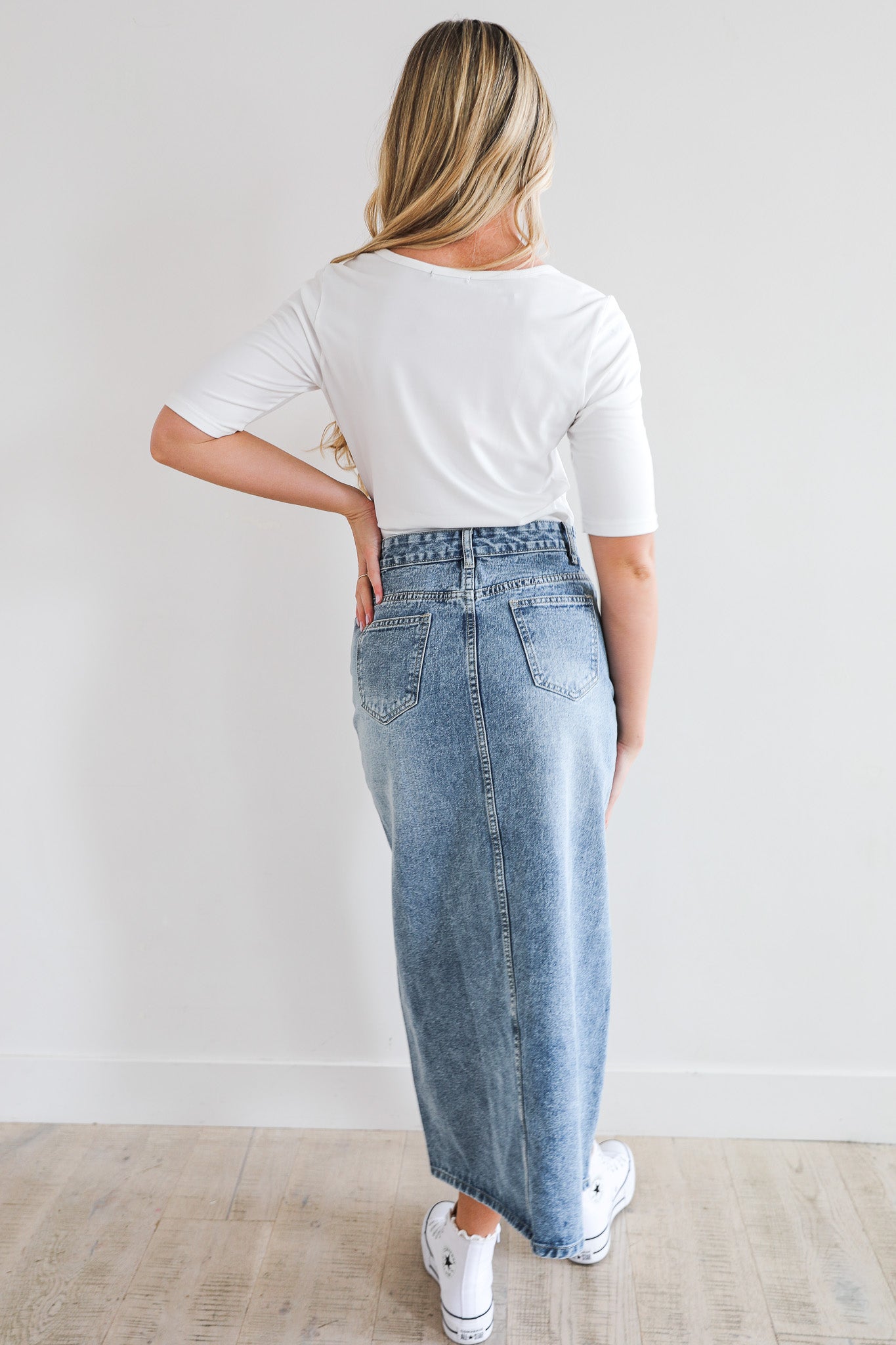 MAXI DENIM SKIRT IN MEDIUM WASH FINAL SALE