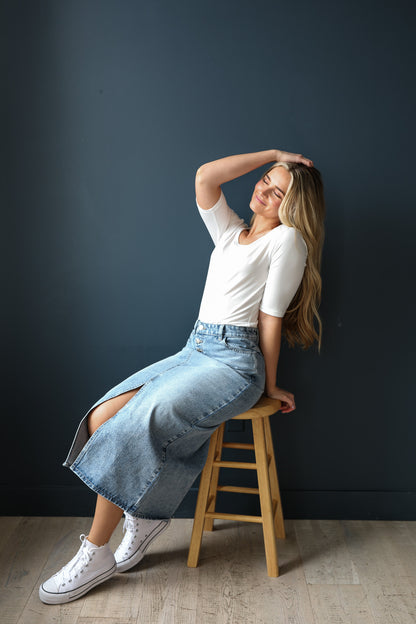 MAXI DENIM SKIRT IN MEDIUM WASH FINAL SALE