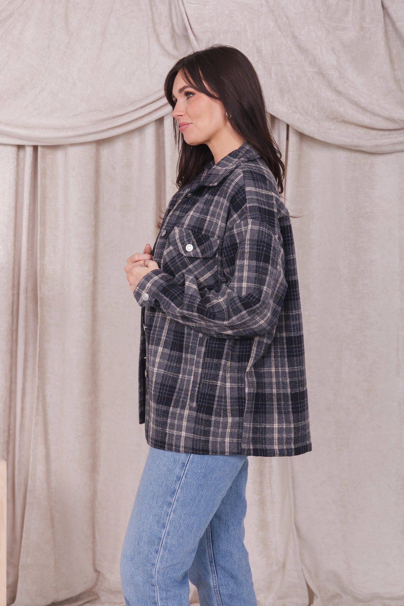 PLAID JACKET IN SHADOW GRAY PLAID FINAL SALE