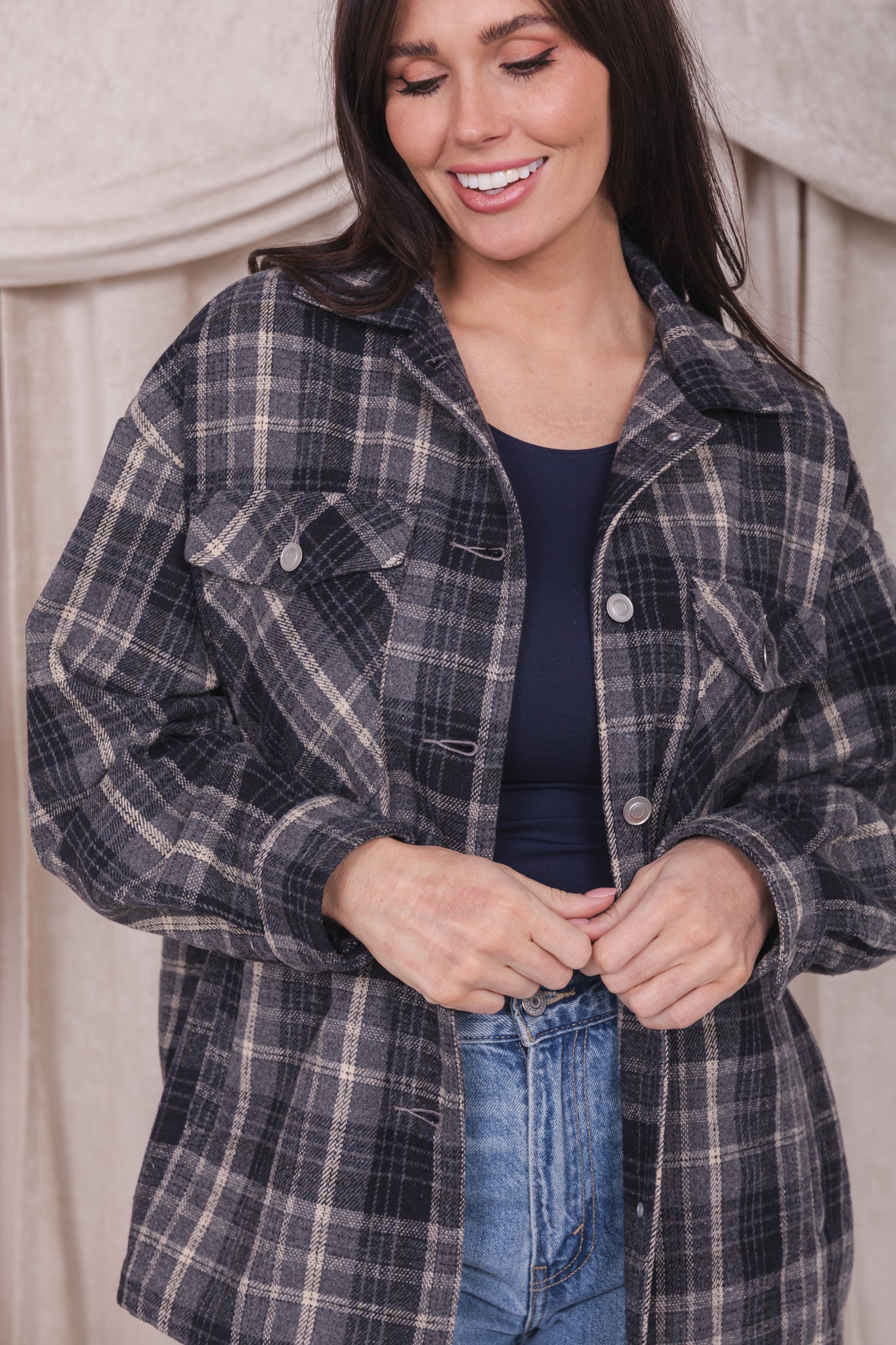 PLAID JACKET IN SHADOW GRAY PLAID FINAL SALE