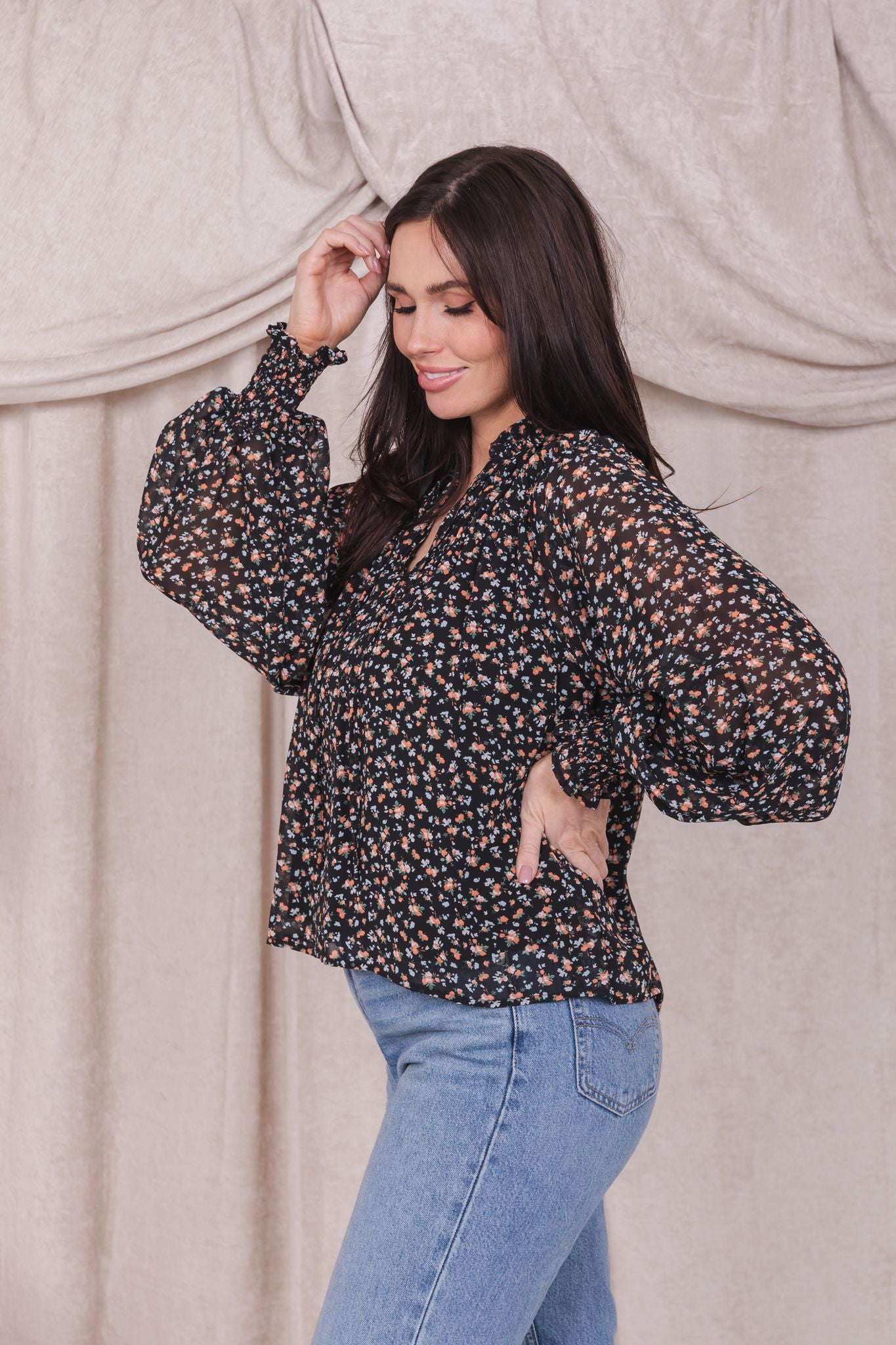 FLOWY LONG SLEEVE IN TERRACOTTA CARNATIONS FINAL SALE